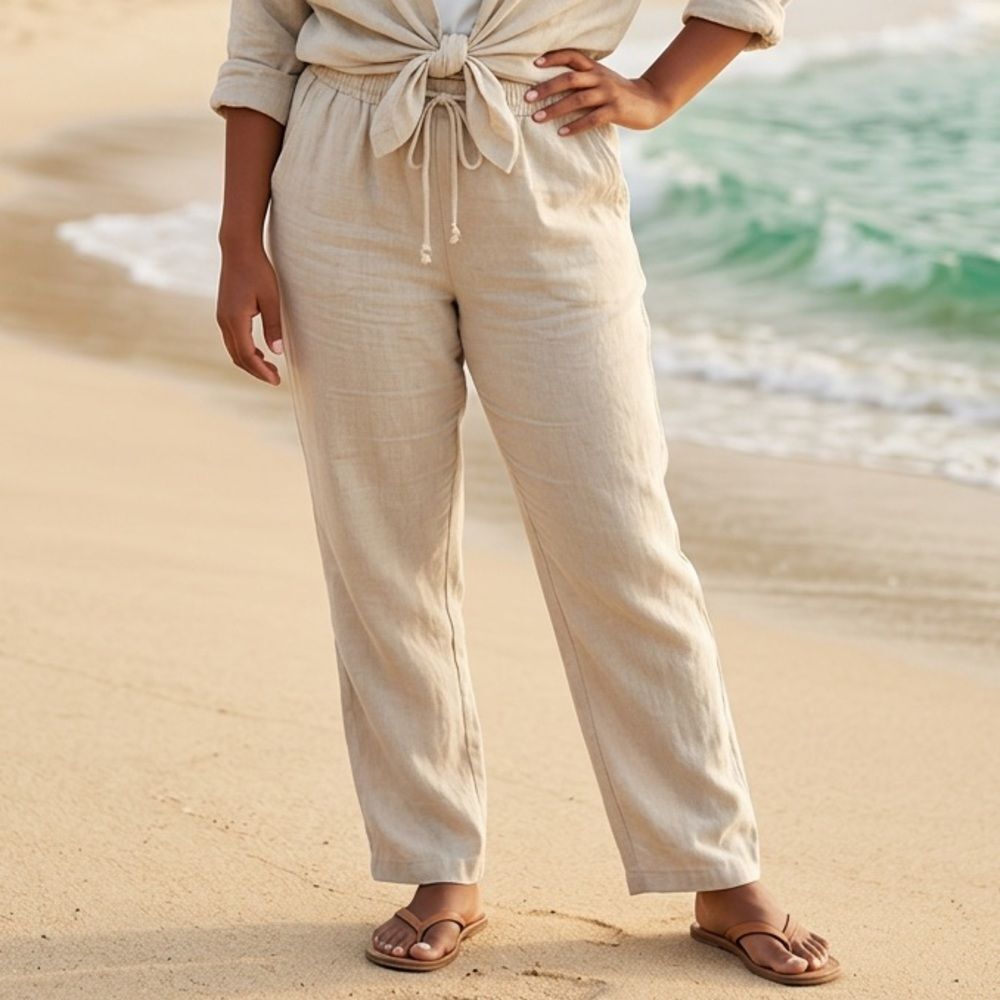 EUC 28 Palms Women’s Light Khaki/Cream Linen Pants Elastic Waist - Size Small/34